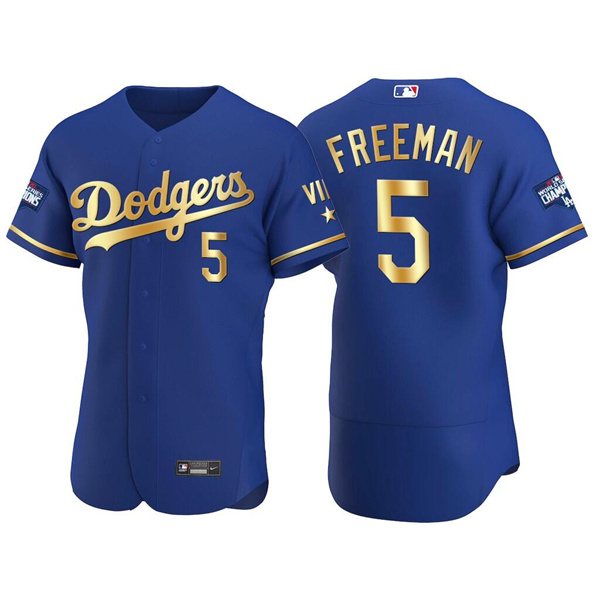 Men's Royal Los Angeles Dodgers #5 Freddie Freeman Golden Flex Base Stitched Jersey